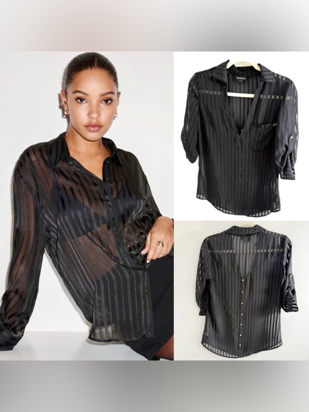 Y2K bebe Sheer Black Vertical-Stripe Button-Down Blouse